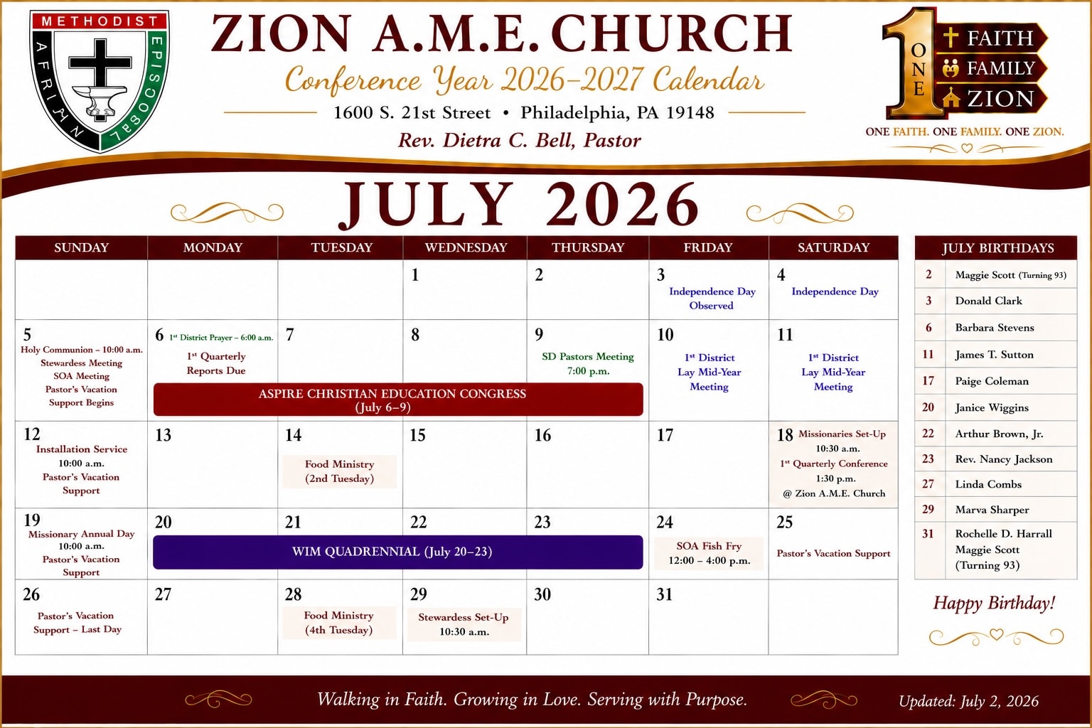 Zion AME Church July 2026 Calendar